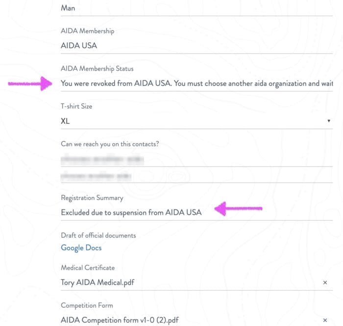 A screenshot from the 31st AIDA Freediving World Championship registration page showing that Tory George’s AIDA USA membership was revoked - a membership status that prevented him from participating in the competition.
